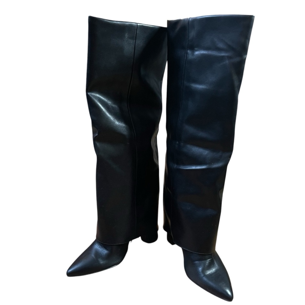 Foldover Sleek Black Chunky Heel Knee High Boots Edgy Pointed Toe Side Zip Sz.40